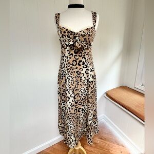 🩷Vintage Nanette Lepore Leopard Print 100% Silk Dress Y2K 2 Bow Front Mesh Midi
